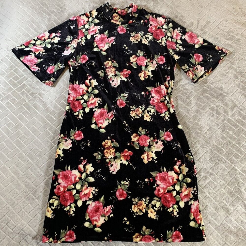 Current Project Womens M Dress Mini Bodycon Velvet Floral Short Sleeve Open Back